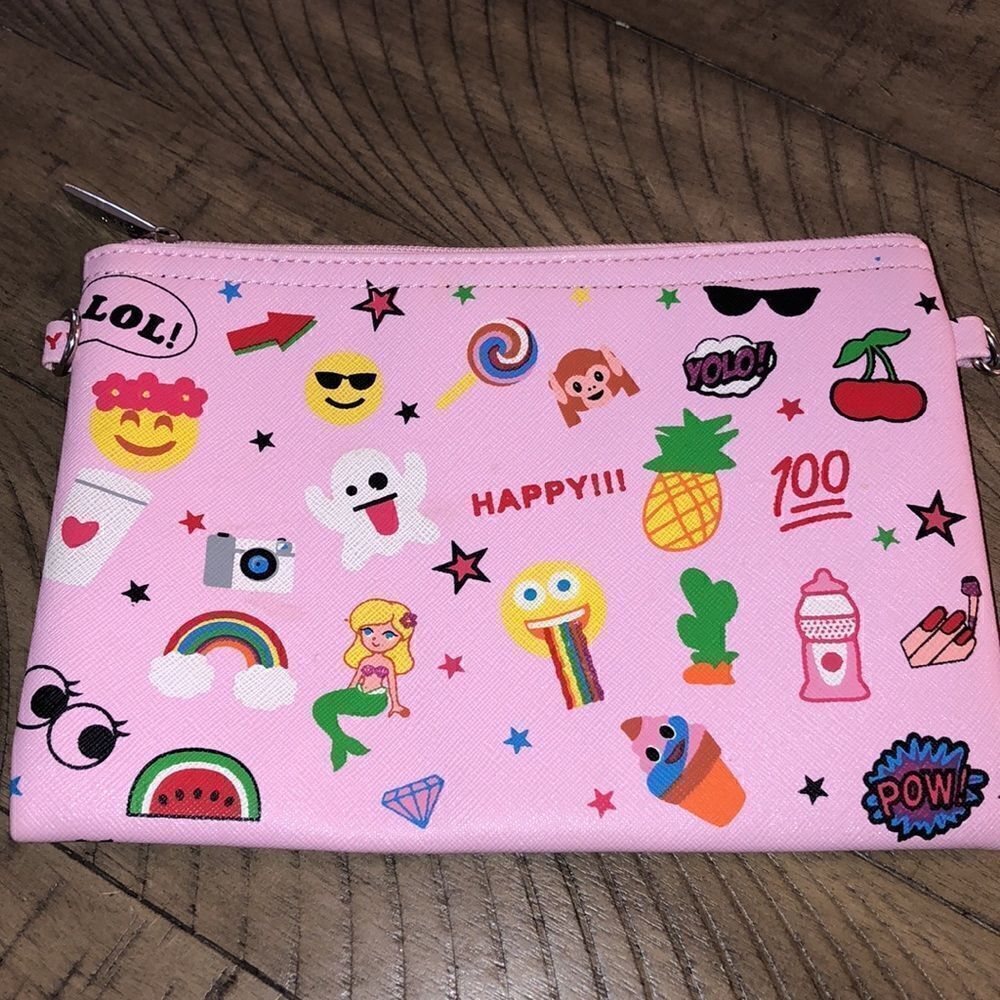 Emoji Clutch 🌈 👻 😎 🌵 🍒 💯 💅 Vegan 🌱 secure Zip closure.